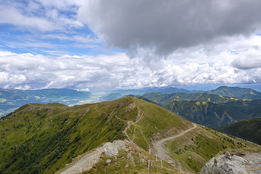 mountains, landscape, sky, clouds, away, target, road, travel HD wallpaper