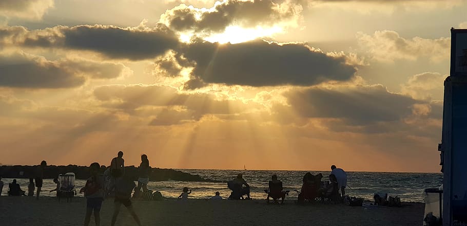 bach, sun, israel, water, group of people, sky, sea, beach HD wallpaper