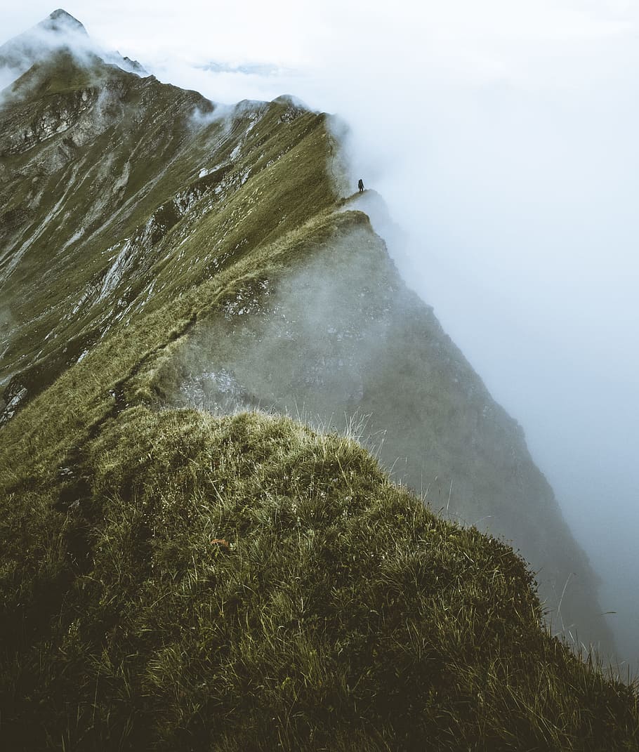 Cloudy weather, mountain, grass, field, mist, fog, outdoors, landscape HD wallpaper