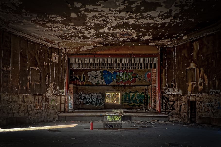 lost places, building, destroyed, cinema, theater, stage, dirty, HD wallpaper