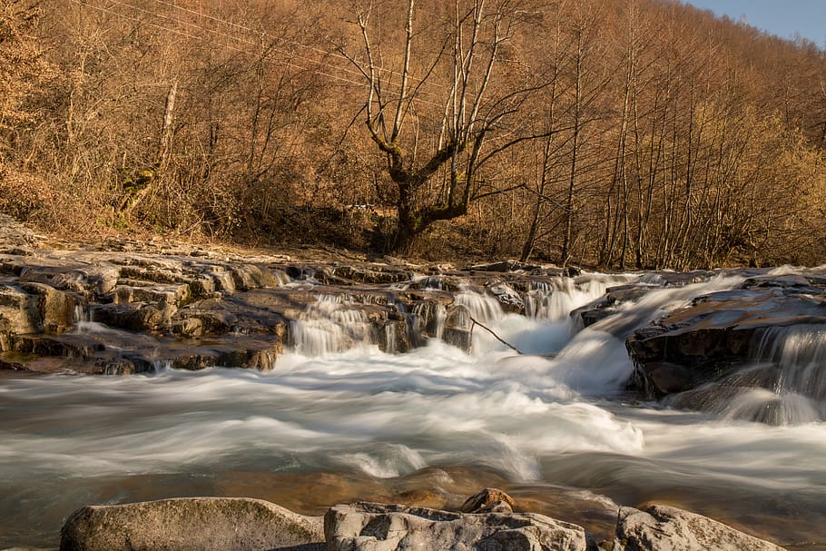 nature, water, river, stones, waterfall, landscape, long exposure HD wallpaper