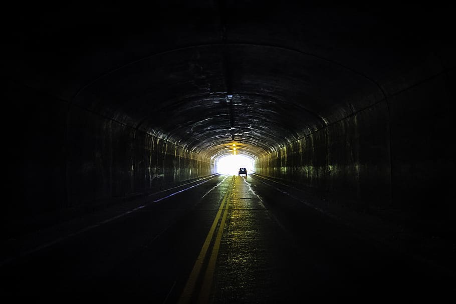 tunnel, car, lights, road, mountains, transportation, direction, HD wallpaper