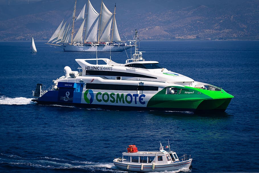 greece, hydra, sea, ferry, mediterranean, yacht, ship, travel HD wallpaper
