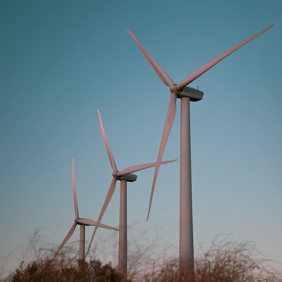three gray windmills, turbine, machine, motor, engine, wind turbine