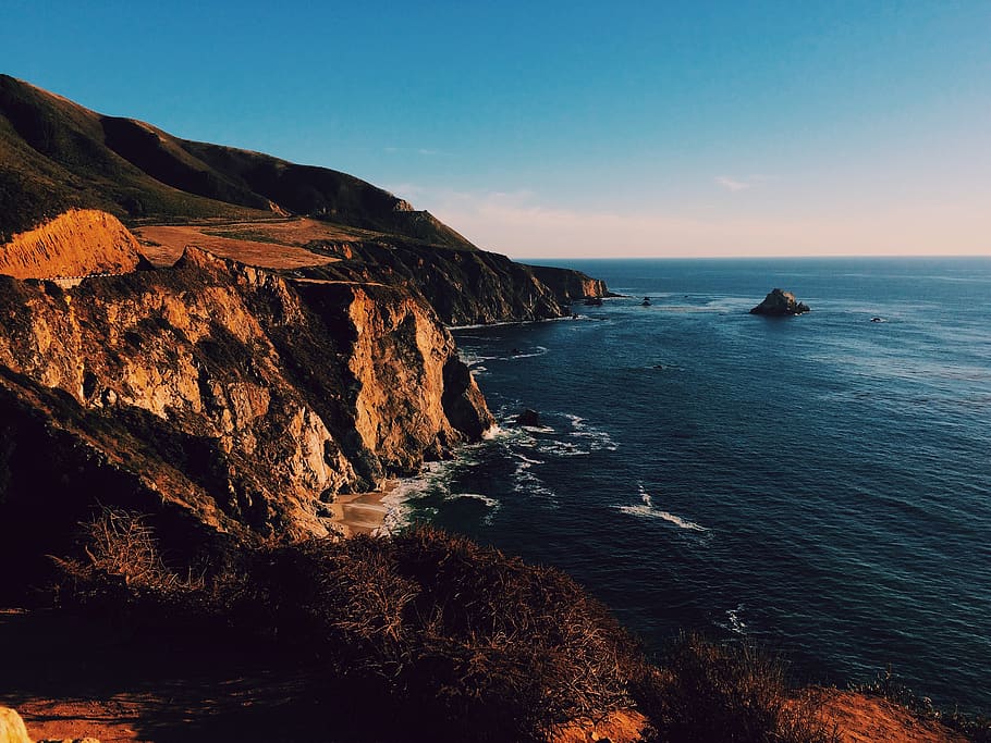 cliff, sky, water, ocean, blue, sea, rock, wafe, coastline HD wallpaper