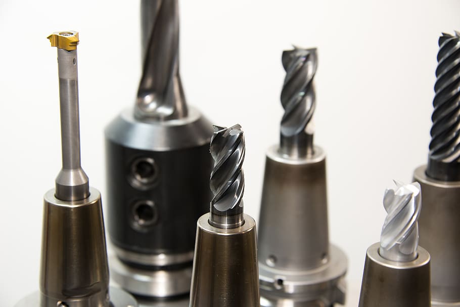 Six Gray Drill Bits, close-up, drills, power tools, metal, steel HD wallpaper