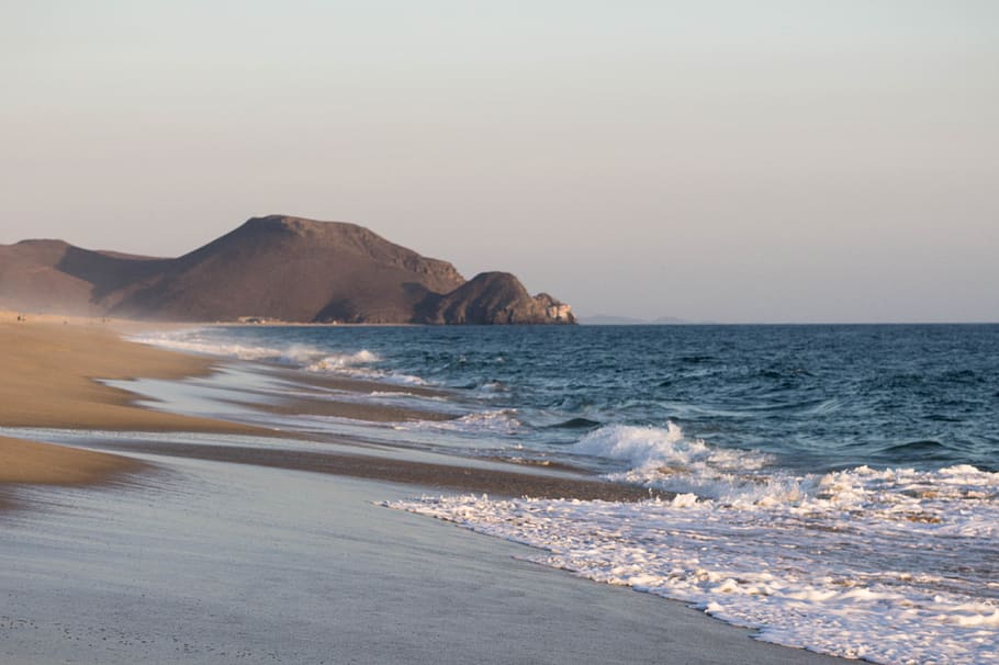 mountain, mountain range, water, beach, sea, ocean, sky, ocean view HD wallpaper