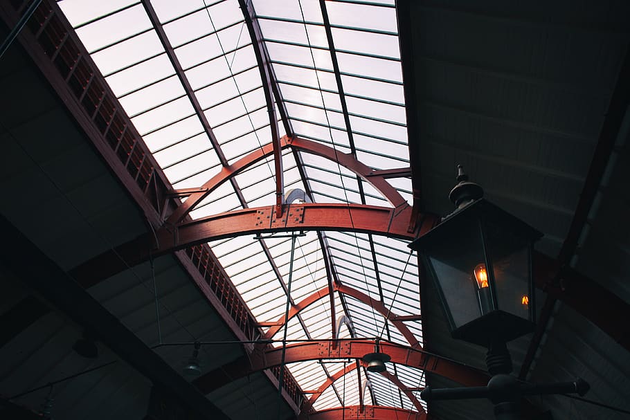 red metal framed ceiling, architecture, window, building, skylight HD wallpaper
