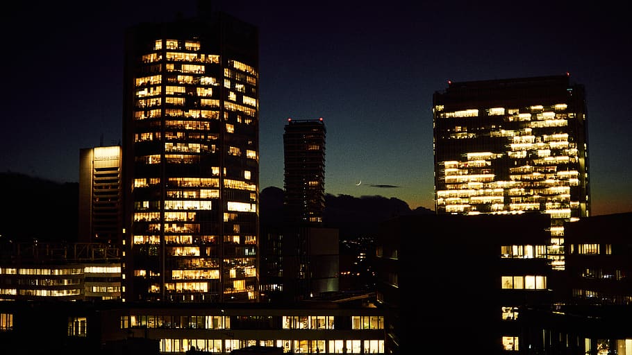 prague, pankrac, architecture, night, sun, office, work, building HD wallpaper