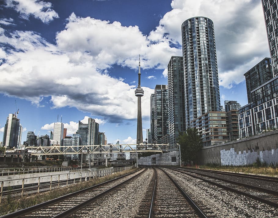 canada, toronto, city, building, sky, clouds, cn tower, bridge HD wallpaper