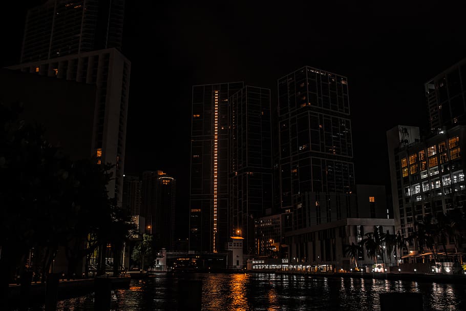 miami, night, skyline, water, building exterior, architecture, HD wallpaper