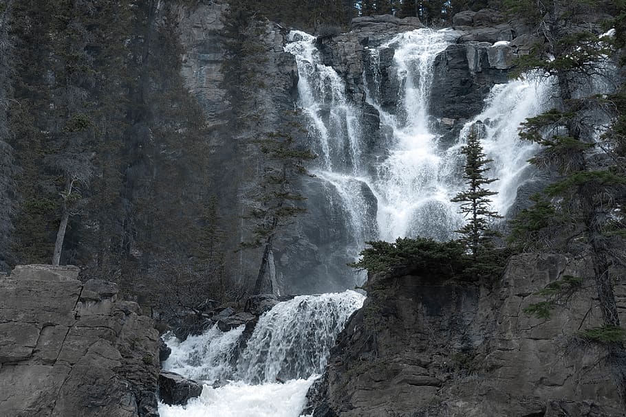 waterfall, mountain, trees, nature, scenics - nature, rock HD wallpaper