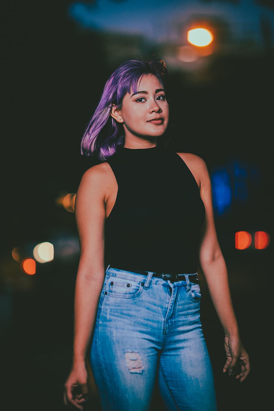 Photo of Purple Haired Woman in Black Crop Top and Blue Denim Jeans, HD wallpaper