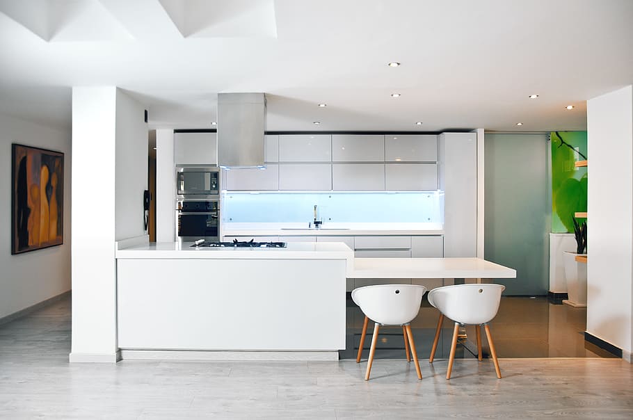 white wooden table and chairs on gray flooring, building, kitchen HD wallpaper