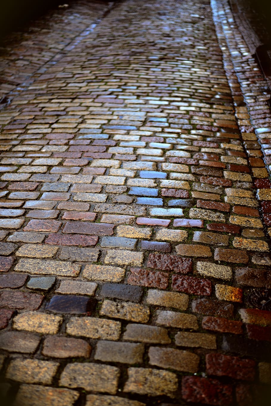 patch, road, wet, ground, away, pattern, cobblestones, paving stones HD wallpaper