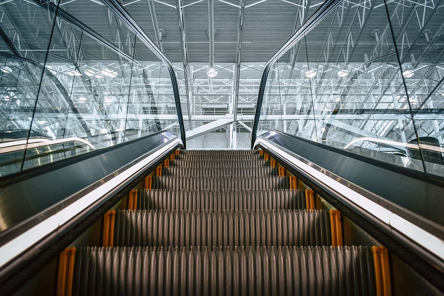 Low Angle Photo of Escalator, ceiling, glass panels, handrail HD wallpaper