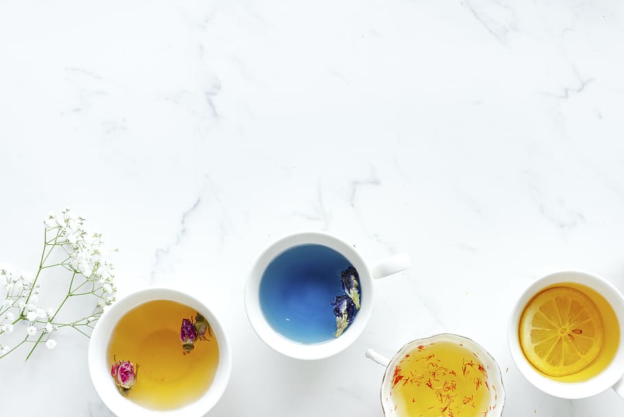 Four Ceramic Teacups Filled With Teas, bright, colors, flatlay HD wallpaper