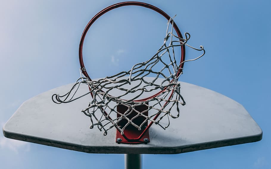 Red Basketball Hoop, blue skies, blue sky, board, court, daylight, HD wallpaper