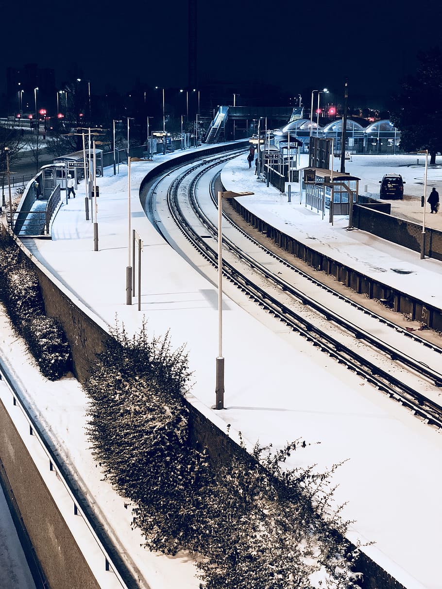 Empty Railroad, cold, railway, snow, station, train, train station HD wallpaper