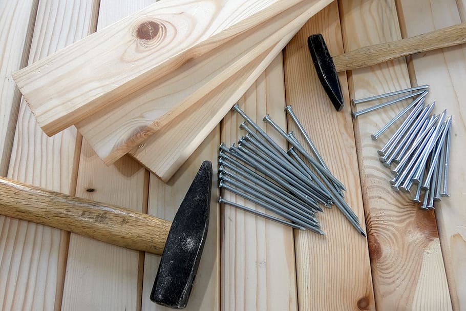 Gray Nails Beside Beige Wooden Planks and Hammers, board, build