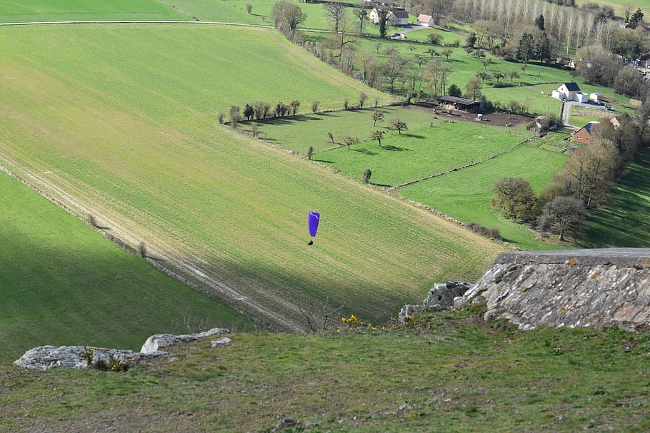 panoramic views, plain, fields landing paragliding, prairie HD wallpaper
