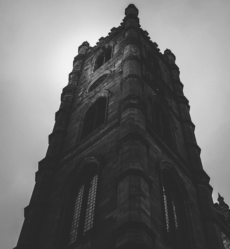 tower, dark, creepy, night, black and white, building, city HD wallpaper
