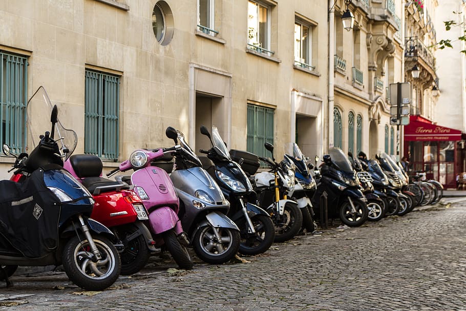 france, paris, parking, tricycle, bike, warm, scooters, red scooter, HD wallpaper