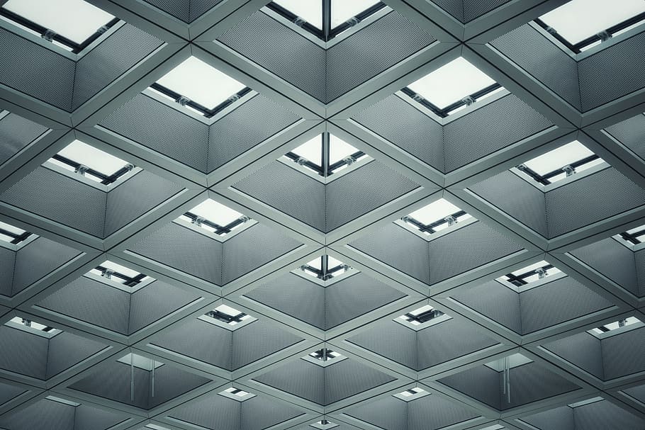 gray ceiling, window, repetition, metal, pattern, architecture HD wallpaper