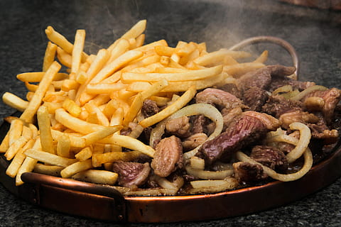 meat, potato, board, food, restaurant, onion, meat on the board HD wallpaper