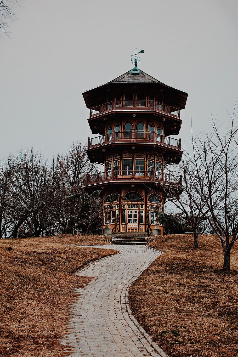 brown temple surrounded by leafless trees, worship, pagoda, shrine HD wallpaper