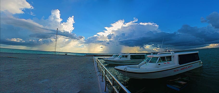 maldives, funadhoo, harbour, launch, sea, clouds, speedboat HD wallpaper
