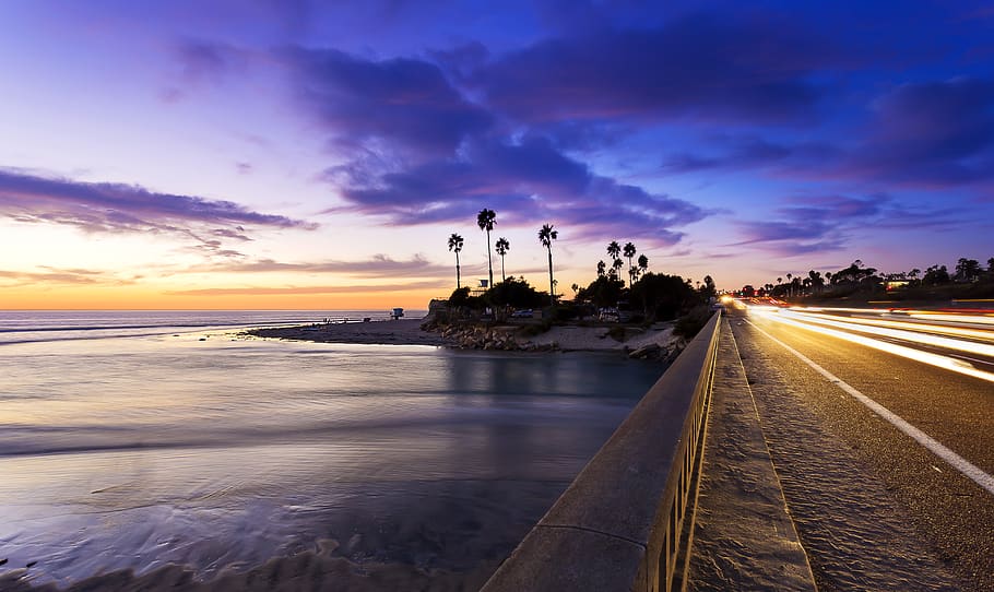 encinita, bridge, beach, ocean, summer, tree, car, road, sun HD wallpaper