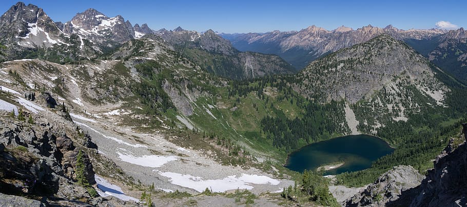 nature, snow, exploring, hiking, peak, lake, cascade, landscape HD wallpaper