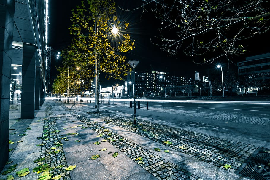 streets, roads, lamp posts, night, dark, evening, city, urban HD wallpaper