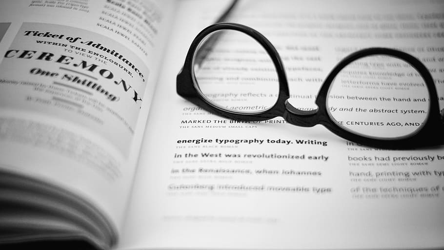 black eyeglasses on book body, type, typography, spectacle, read HD wallpaper