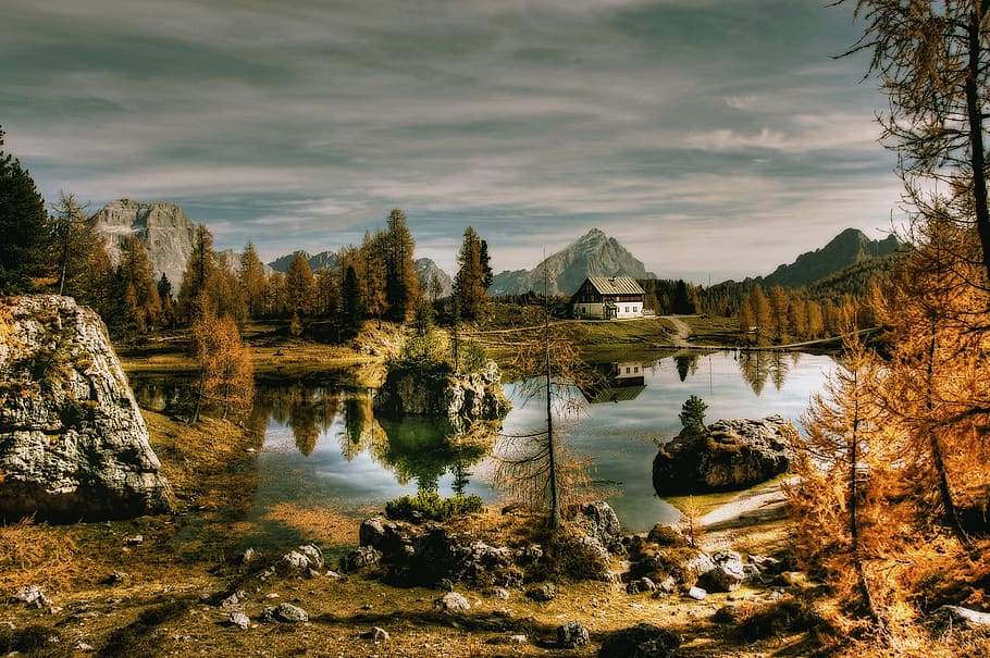 bergsee, dolomites, lago federa, alpine, mountains, landscape, HD wallpaper