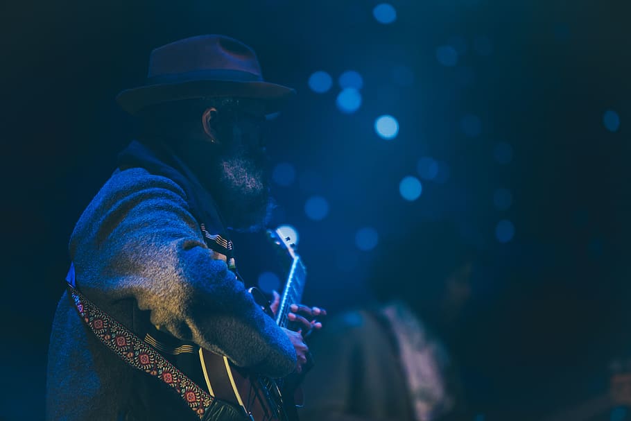 people, old, elderly, man, dark, night, concert, guitarist HD wallpaper