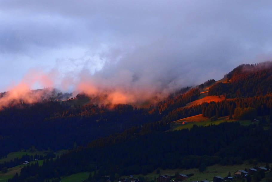 sunset, alps, mist, nature, landscape, mountain, sky, evening HD wallpaper