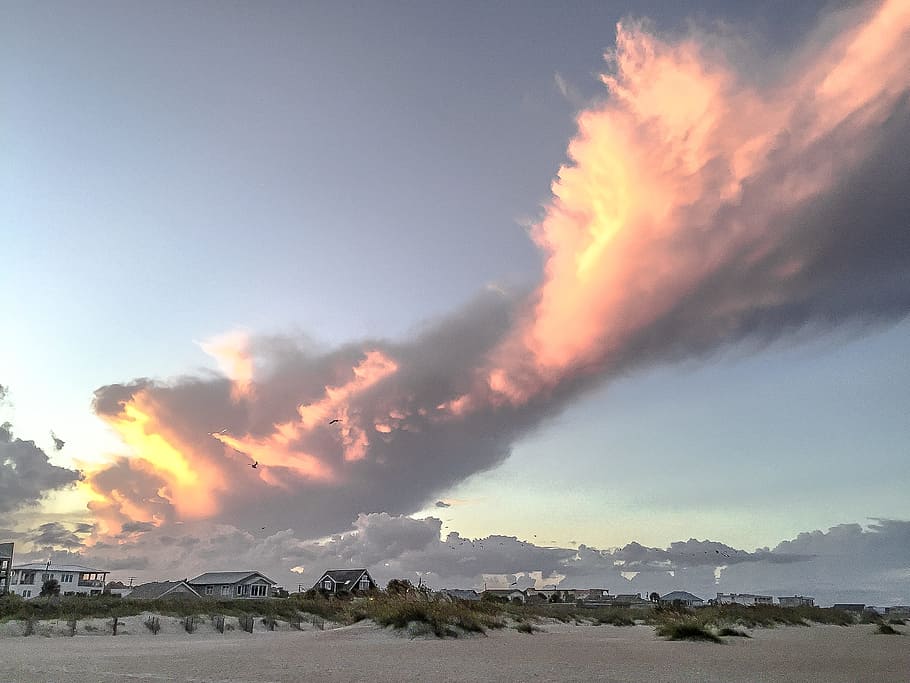 red, sky, beach, sand, house, home, blue, clouds, travel, cloud - sky HD wallpaper