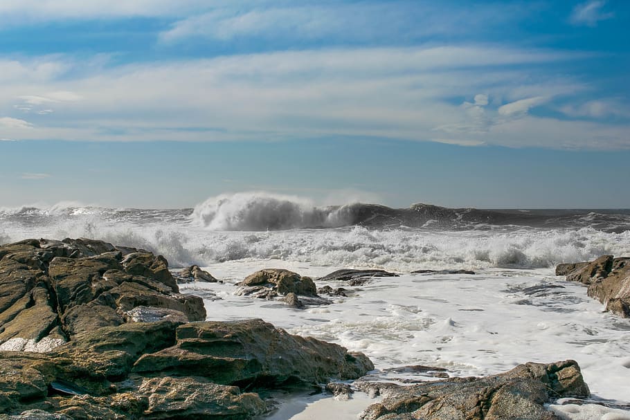 Photograph of Seashore, beach, landscape, nature, ocean, rocks HD wallpaper