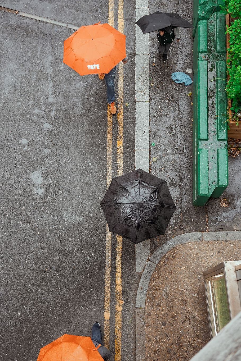 people using umbrellas, day, street, high angle view, city, no people HD wallpaper