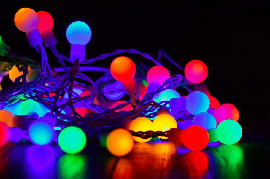 Multicolored Link Light Decor, background, black background, blue HD wallpaper