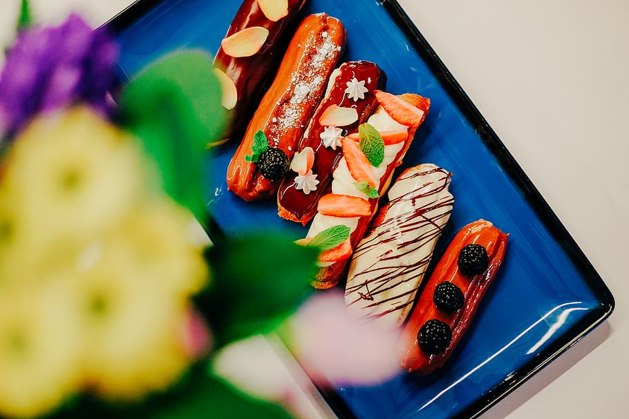 latvia, riga, ecclair, strawberry, colors, joy, food, blue HD wallpaper
