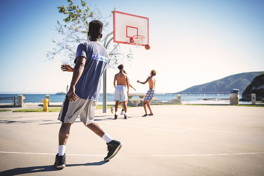four men playing basketball, basketball - sport, court, basketball hoop HD wallpaper