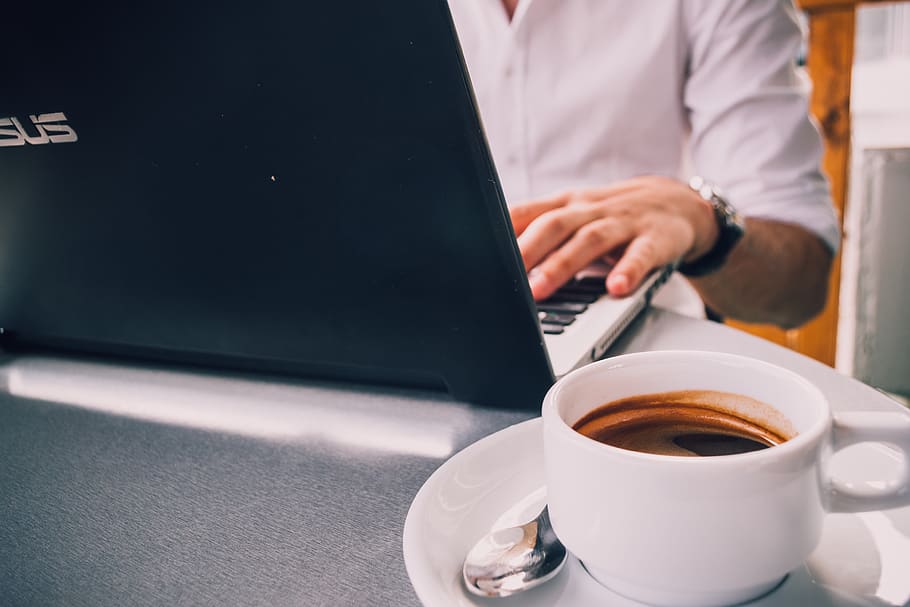 laptop beside mug on table, cup, coffee cup, coffee - drink, refreshment HD wallpaper