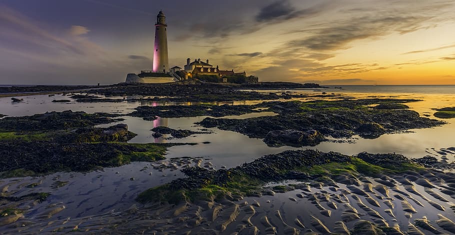 View of White Lighthouse, beach, dawn, evening, landscape, long exposure HD wallpaper