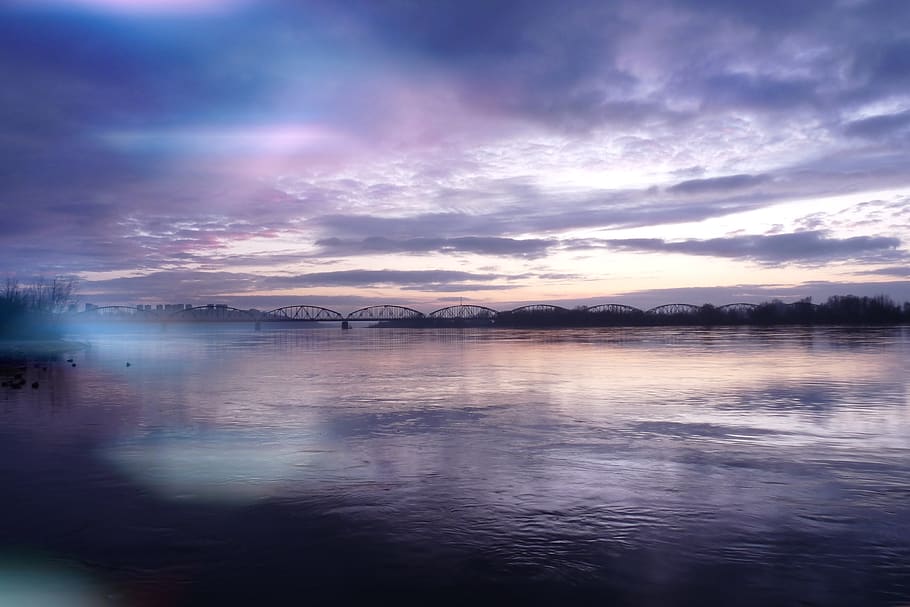 landscape, sunset, river, wisla, the wave is reflected, sky HD wallpaper