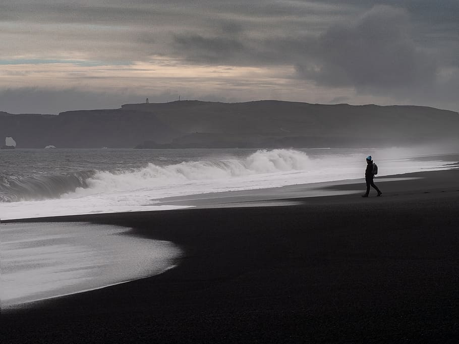 silhouette photo of person on seashore, water, wave, beach, black and white