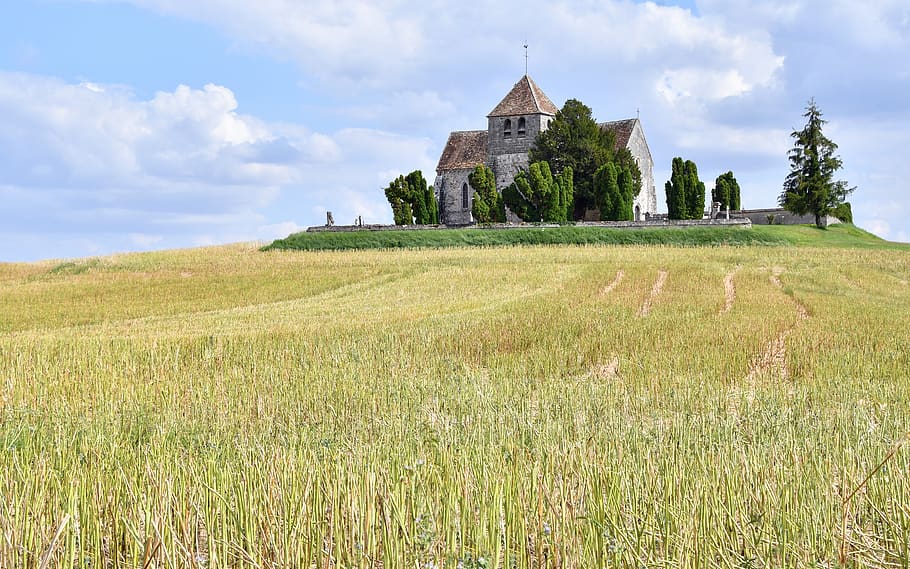 landscape, church, fields, building, la genevraye, france, built structure HD wallpaper