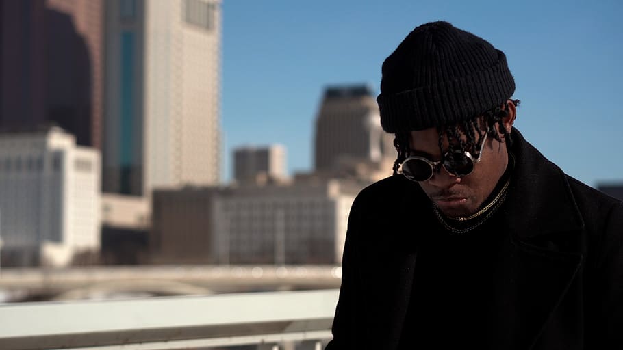 man wearing black coat, apparel, clothing, person, human, sunglasses HD wallpaper